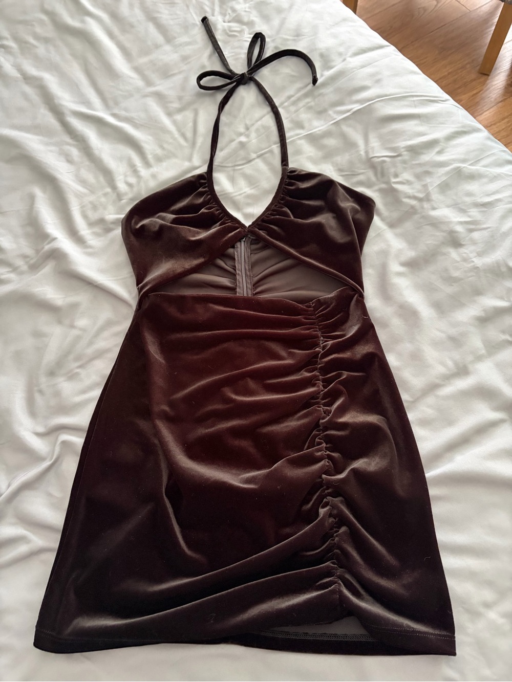 Zara Dark Brown Velvet Halter Mini Dress